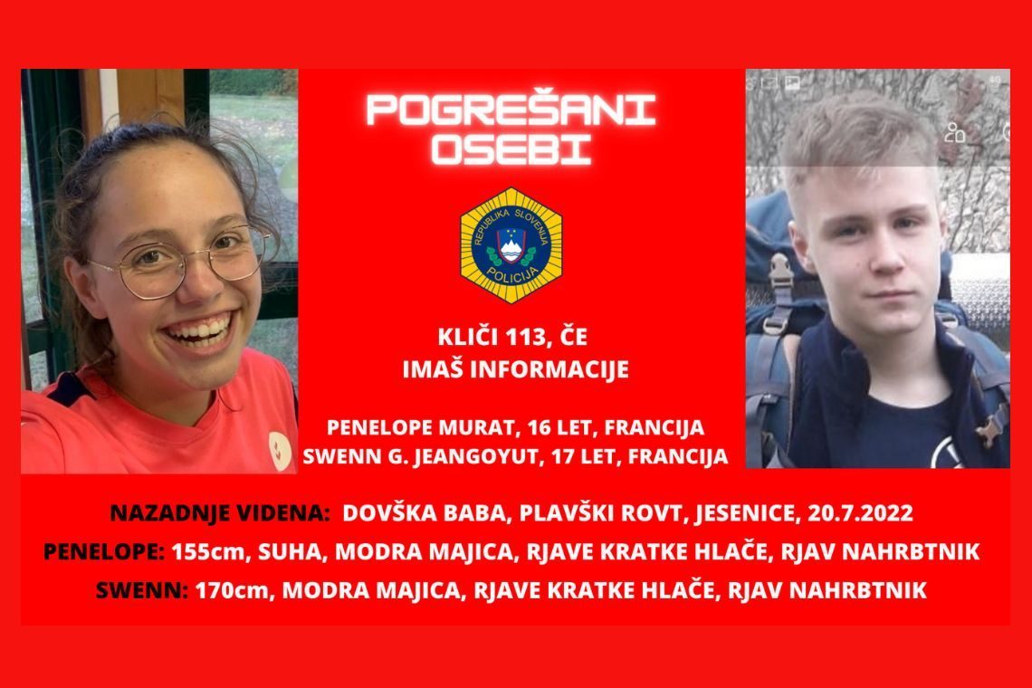 Pogrešani mladoletni osebi na območju Kranjske Gore