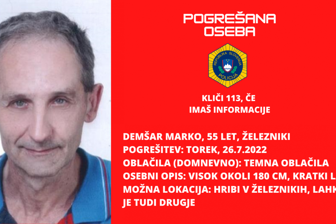 Pogrešan 55-letni Marko Demšar iz Železnikov