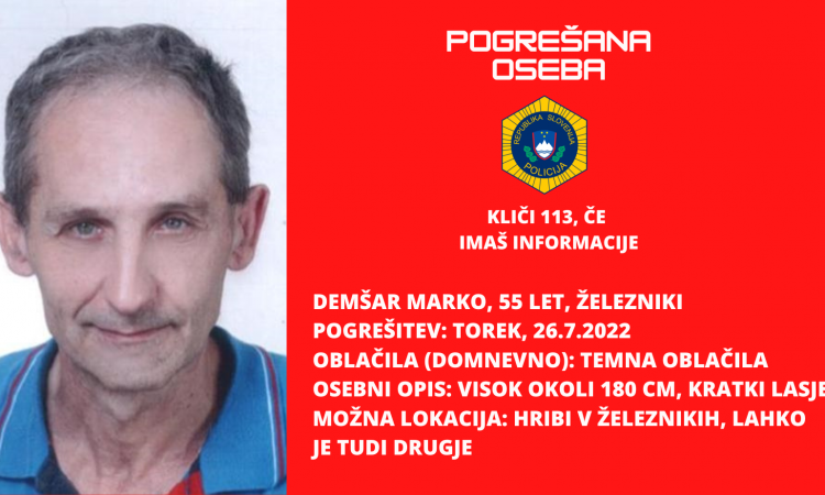 Pogrešan 55-letni Marko Demšar iz Železnikov