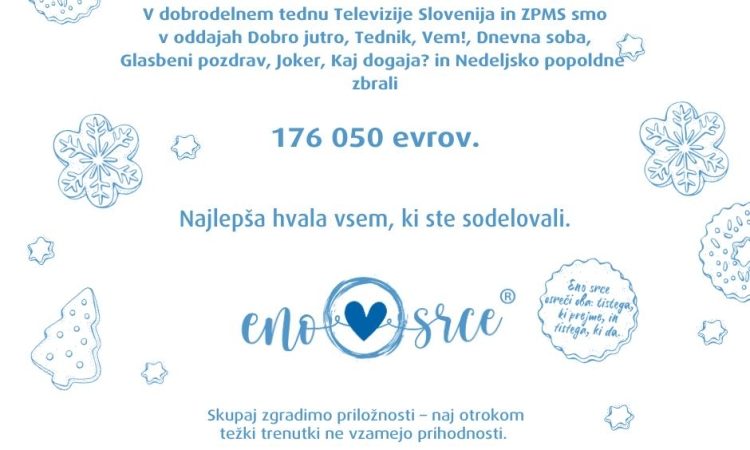 TV Slovenija in ZPMS v tednu Eno srce zbrali več kot 176.000 evrov za otroke v stiski